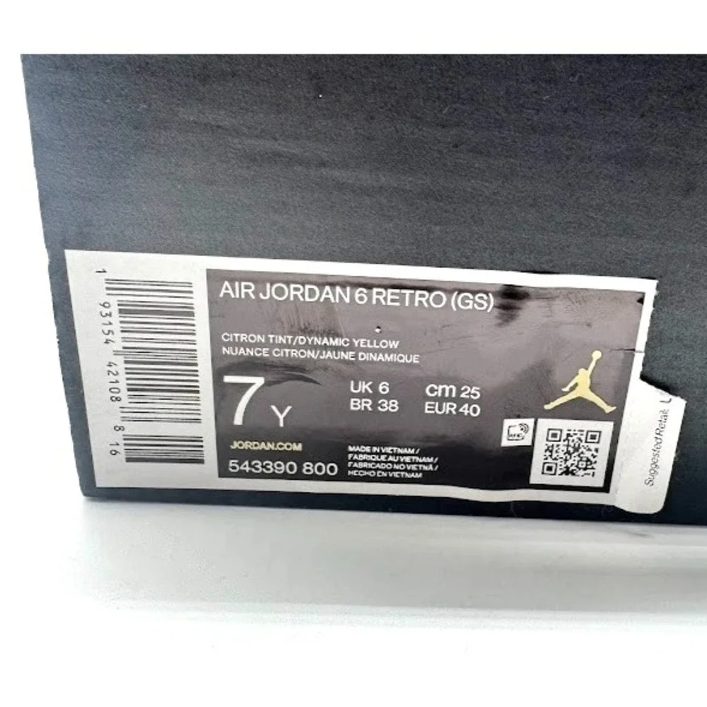 Air Jordan 6 Retro GS Citron Tint Yellow 543390-800 Youth 7Y EU40 w/ Box